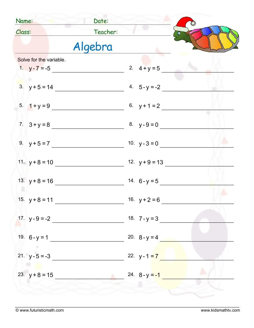 Worksheet showing algebraic equations with variables and solutions for solving x problems