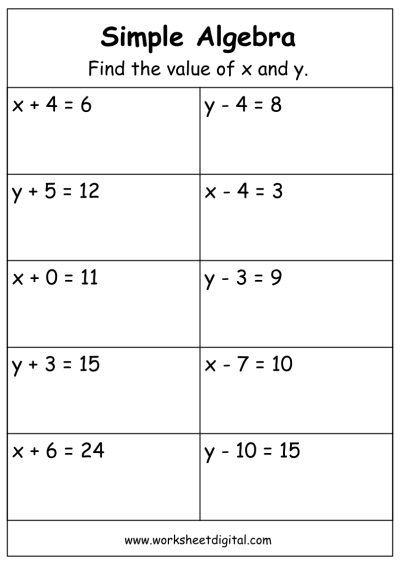Worksheet showing algebraic equations with variables and solution steps for solving x