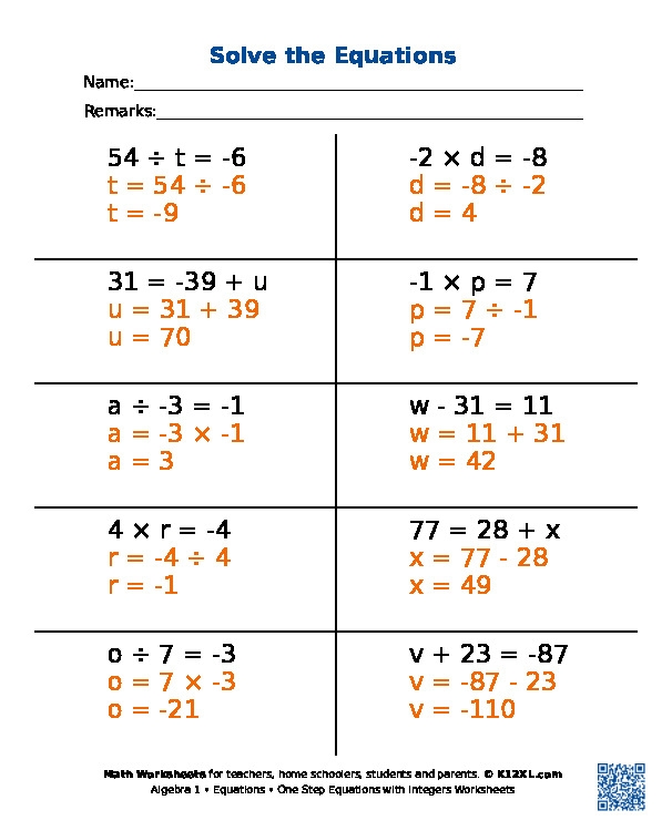 Algebra equations worksheet focusing on solving for x