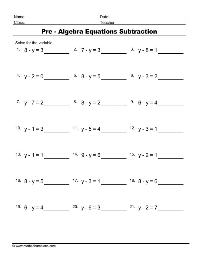 Algebra Equations worksheet for students to solve for x
