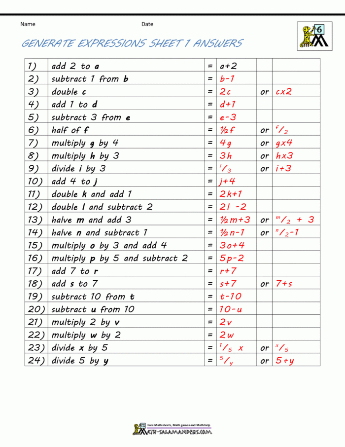 Worksheet showing algebraic equations with variables and operations for solving x