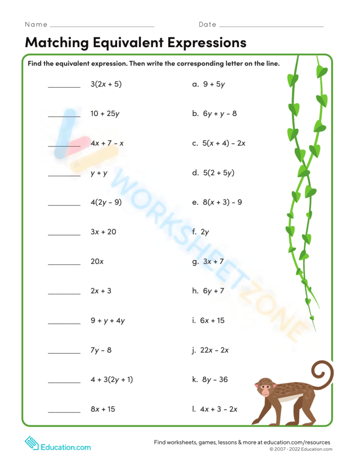 Worksheet featuring a matching activity for equivalent expressions in algebra for sixth graders