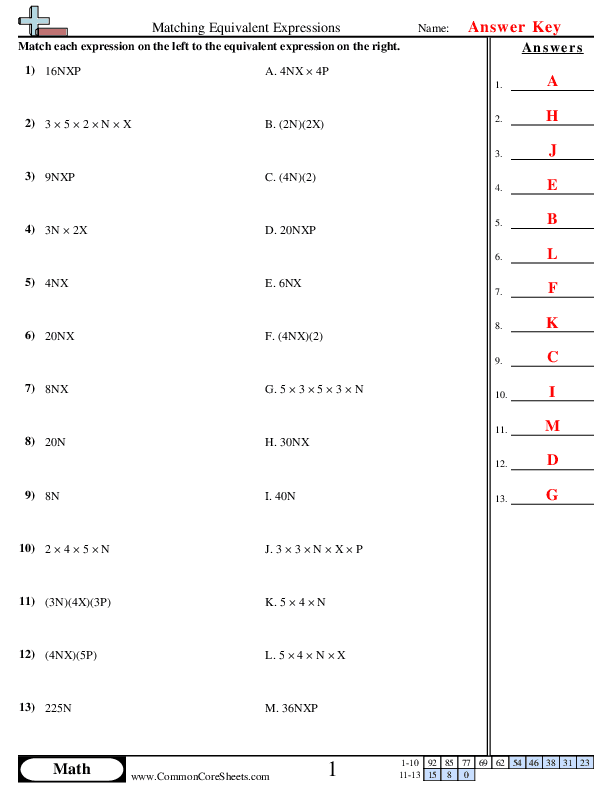 Worksheet featuring a matching activity for identifying equivalent expressions in algebra for sixth graders
