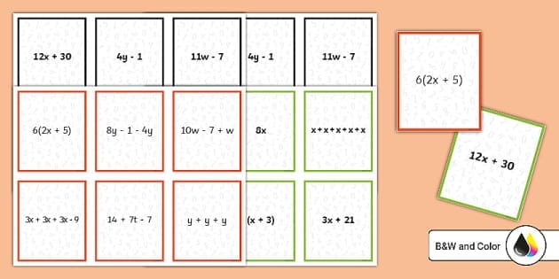 Sixth grade student completing a matching equivalent expressions worksheet in algebra