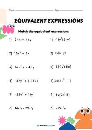 Worksheet featuring a matching activity for identifying equivalent algebraic expressions