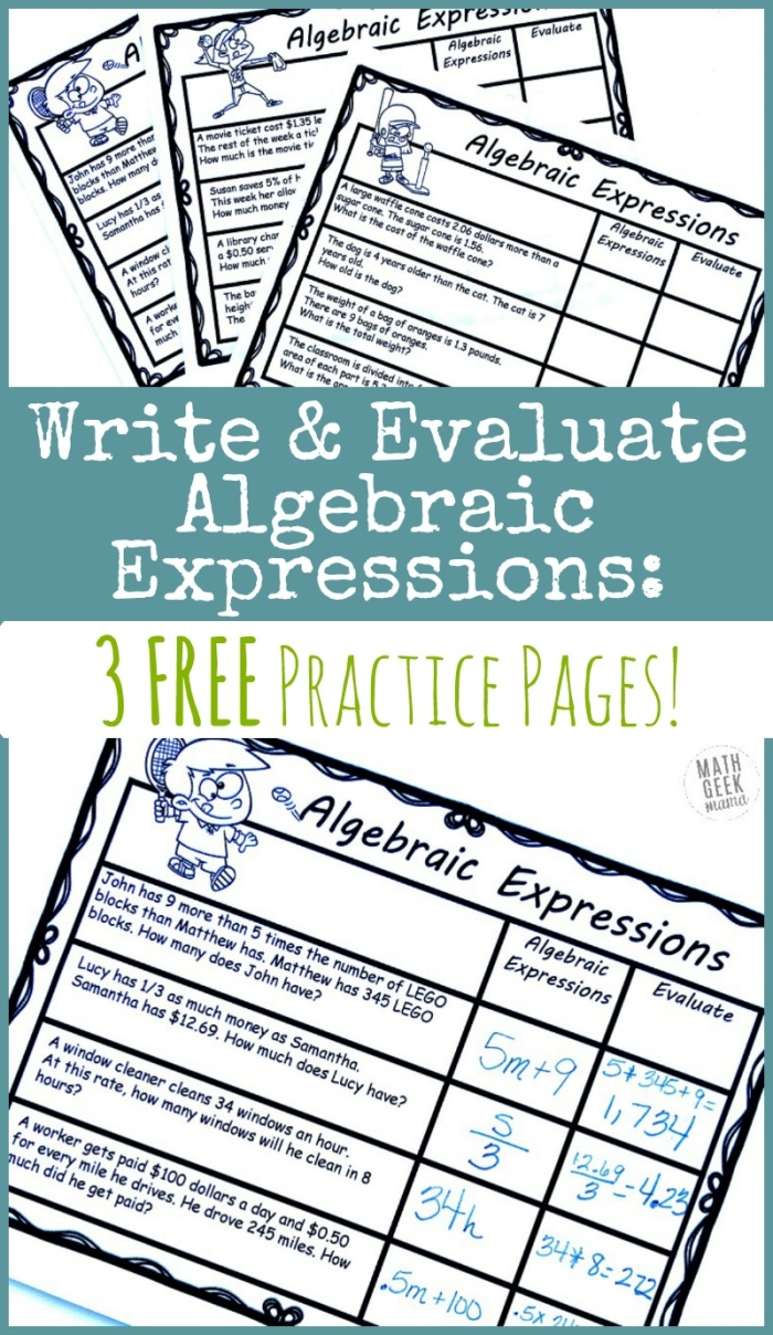 Writing Expressions With Variables worksheet for sixth graders focusing on algebraic expressions and evaluations