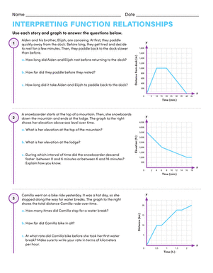 Eighth grade algebra worksheet showing story problems matched with function graphs for describing relationships