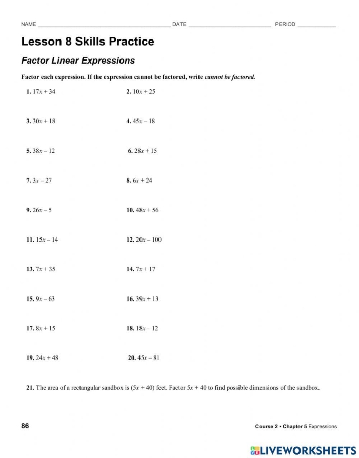 Seventh grade algebra worksheet featuring exercises on expanding and factoring linear expressions