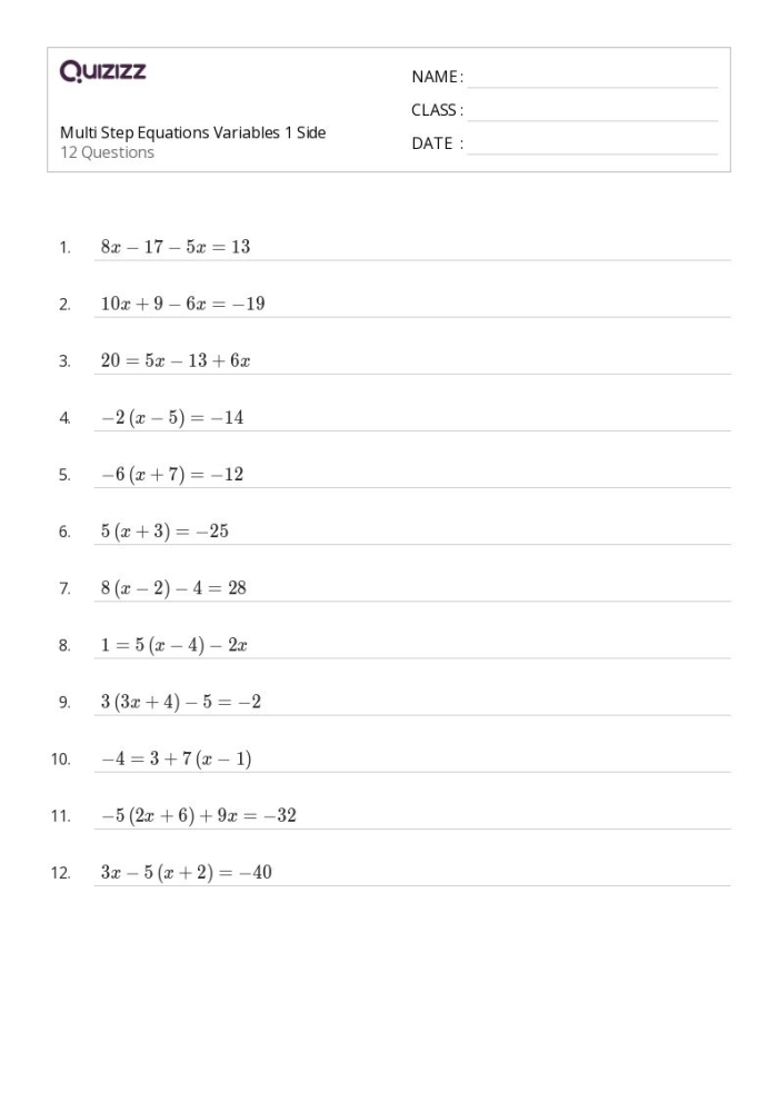 Eighth grade student working on a Solving Multi-Step Equations Part 1 algebra worksheet