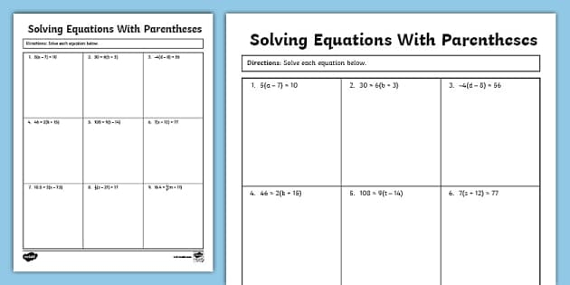 Seventh grade algebra worksheet featuring equations with parentheses and division steps