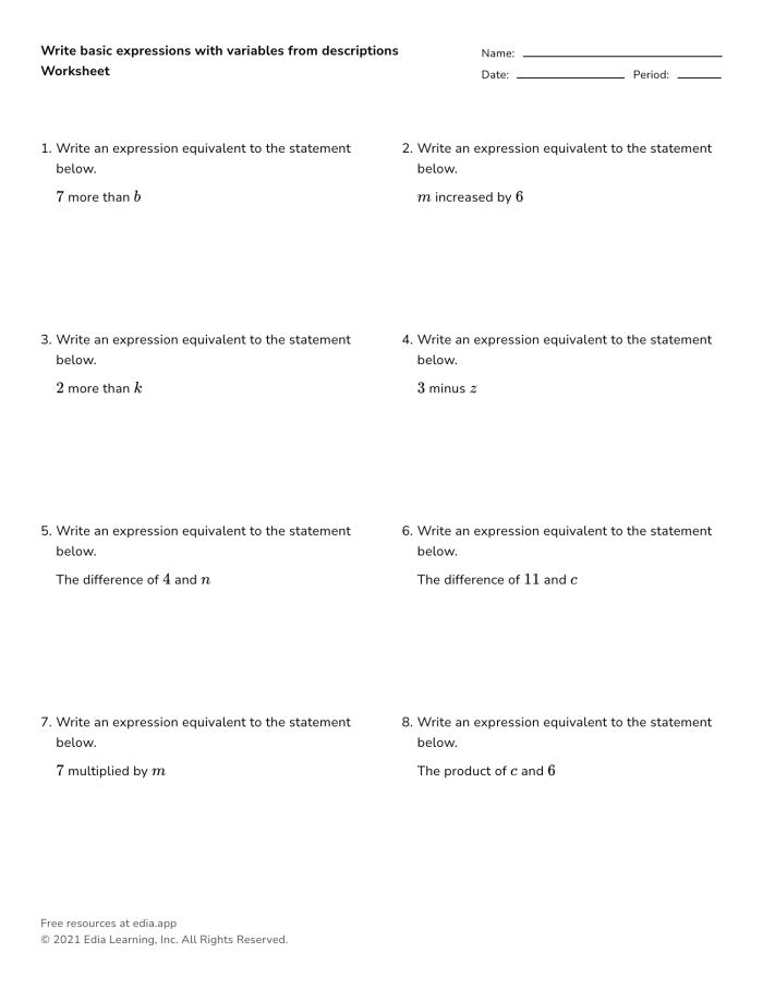 Identifying Equivalent Linear Expressions Practice Problems for Grade 7 Seventh grade students solving algebra problems to identify equivalent linear expressions on a worksheet