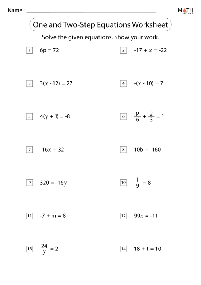 Solving One- and Two-Step Equations Practice Problems for Grade 5 Fifth grade student working through one and two step algebraic equations on a practice worksheet