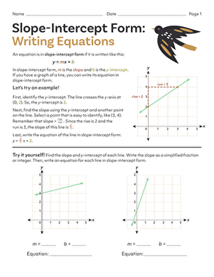 Eighth grade algebra worksheet for practicing how to write linear equations in slope-intercept form using graphs and tables
