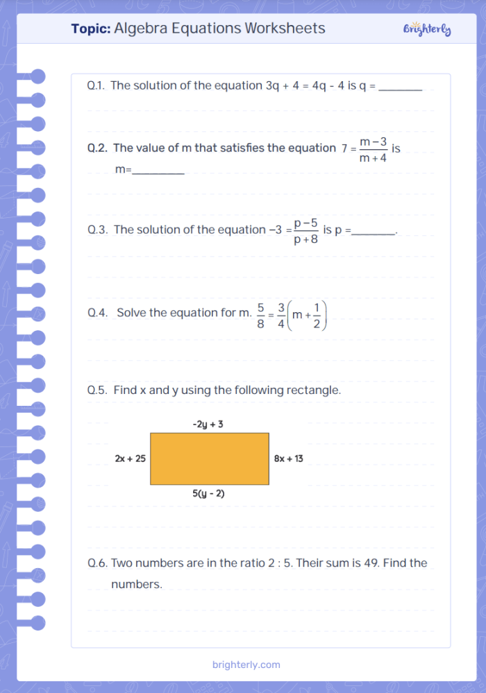 Algebra equations worksheet focusing on solving for x