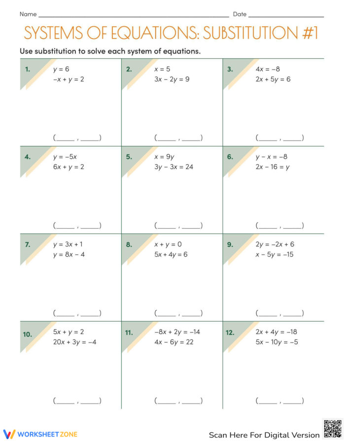 Eighth grade student solving a system of linear equations using substitution method on an algebra worksheet