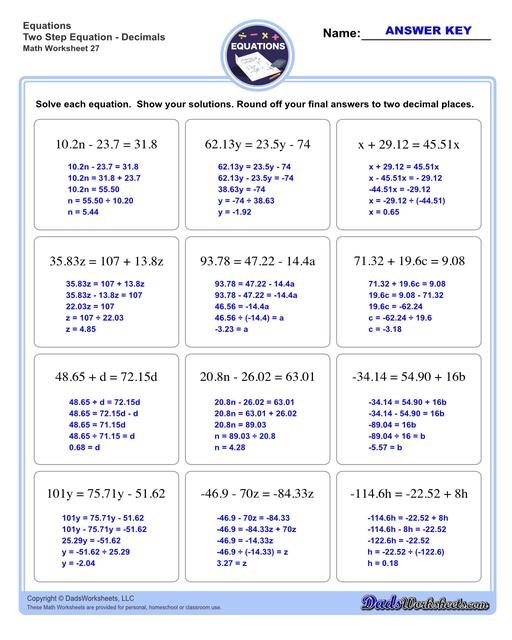 Solving Two-Step Equations Worksheets
