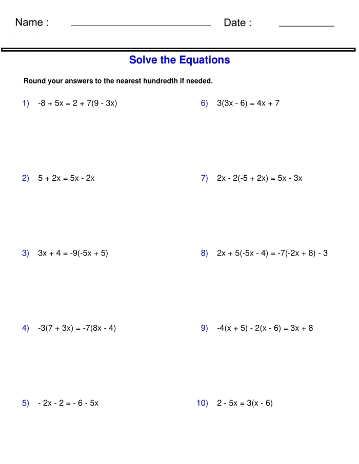 Eighth grade student working through solving equations with variables on both sides practice problems on a worksheet