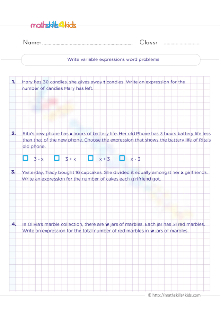Choose Variable Expressions to Model Word Problems Practice Sheet 8 Sixth grade algebra worksheet for translating word problems into variable expressions