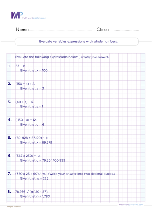 Sixth grade math worksheet featuring algebra word problems for writing variable expressions