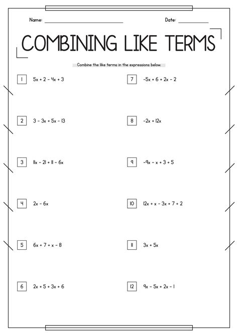 Eighth grade algebra worksheet for practicing solving equations with like terms