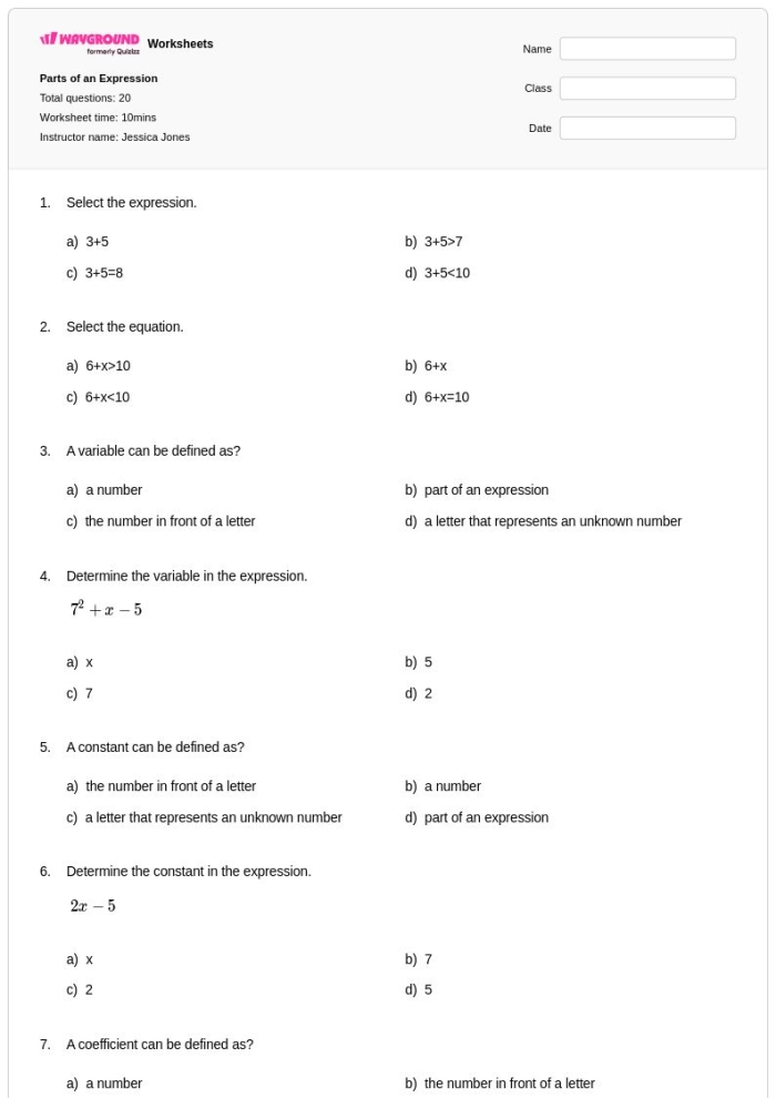 Sixth grade math worksheet for identifying and labeling parts of an algebraic expression