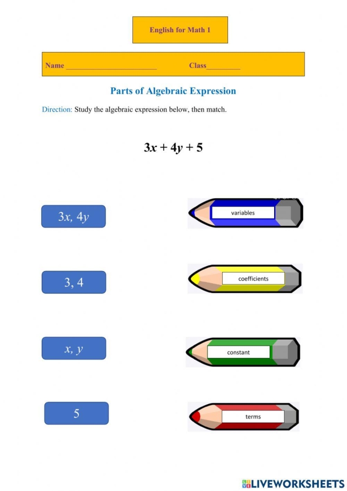 Sixth grade math worksheet focused on identifying and writing algebraic expression parts