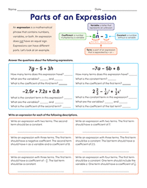 Sixth grade student solving algebraic expression problems on a math worksheet with variables and operations