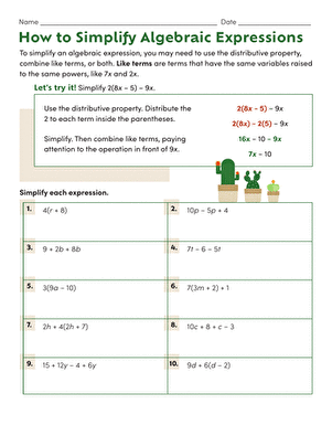 Worksheet for simplifying algebraic expressions for sixth graders