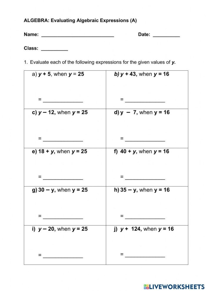 Sixth grade worksheet for practicing algebraic expression evaluation through substitution and order of operations