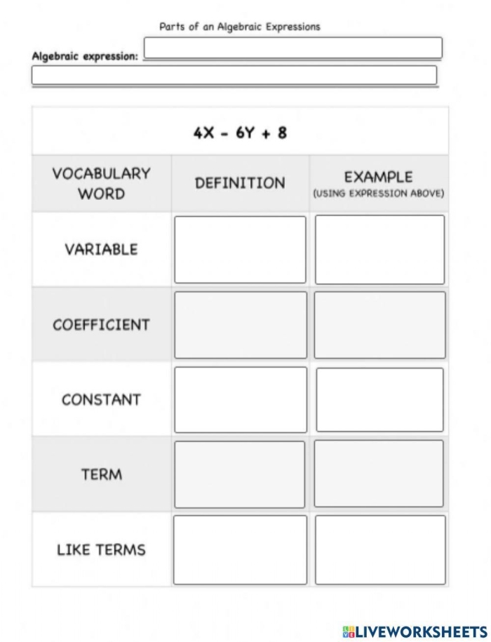 Sixth grade student solving algebraic expression problems on a worksheet with pencil and paper