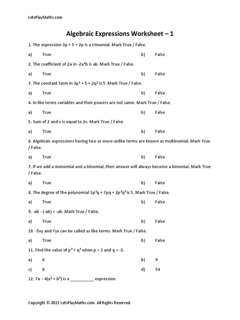 Introduction to Algebraic Expressions worksheet for sixth grade math practice 21 Sixth grade student solving algebraic expressions using order of operations and combining like terms worksheet 21