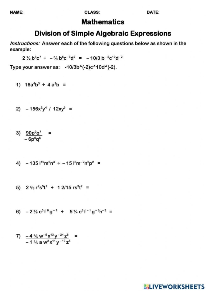 Introduction to Algebraic Expressions Worksheet Number Twenty Sixth grade students practicing algebraic expressions with order of operations and like terms on worksheet number twenty