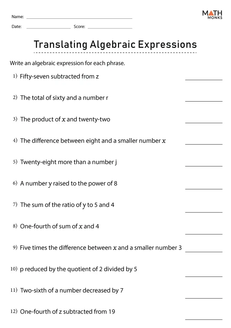 Introduction to Algebraic Expressions Practice Sheet for Grade 6 Mathematics Sixth grade student solving algebraic expressions using order of operations and combining like terms on a practice worksheet