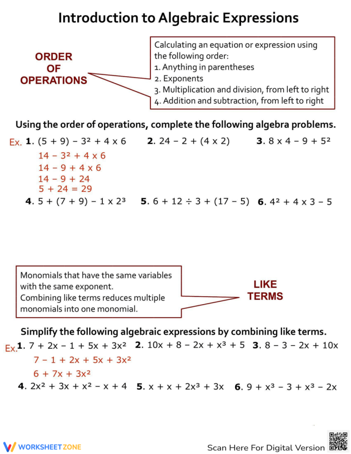 Introduction to Algebraic Expressions Practice Sheet for Middle School Math Sixth grade student working through algebraic expressions practice problems showing order of operations and combining like terms exercises