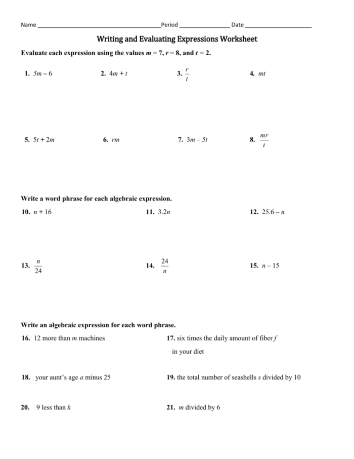 Worksheet for evaluating algebraic expressions designed for sixth graders, featuring exercises on plugging in variable values. Practice sheet titled "Evaluating Algebraic Expressions for Sixth Grade" with a focus on simplifying using order of operations.