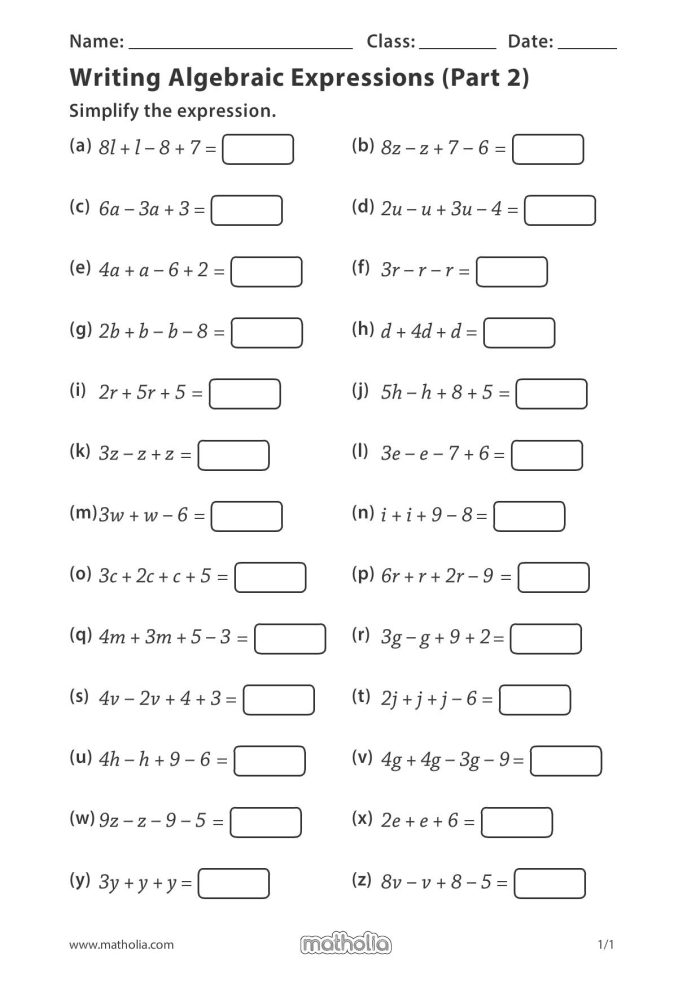 Worksheet for translating verbal phrases into algebraic expressions