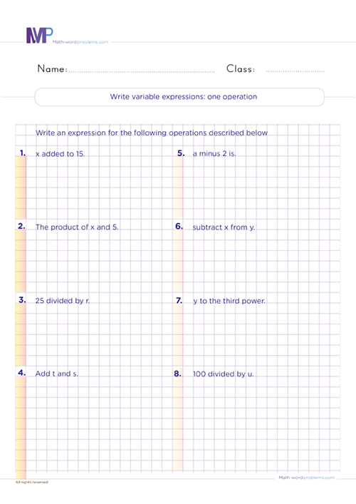 Sixth grade math worksheet for writing algebraic expressions with variables in geometry