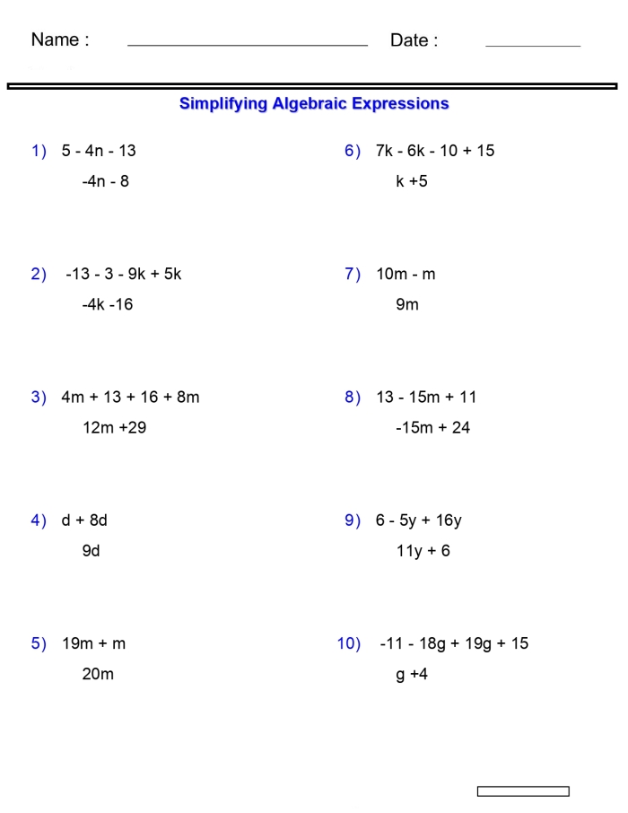 Worksheet for converting words into algebraic expressions using variables for sixth graders