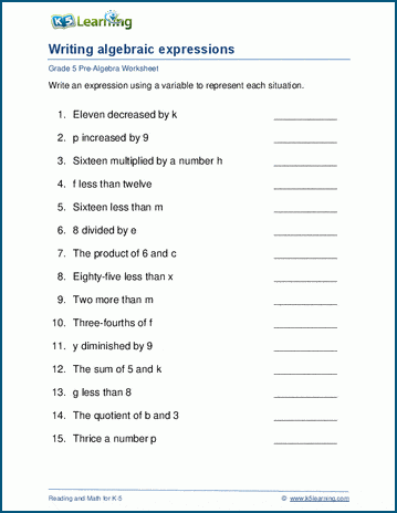 Introduction to Algebraic Expressions Practice Worksheet 18 Sixth grade students solving algebraic expression problems using order of operations and combining like terms
