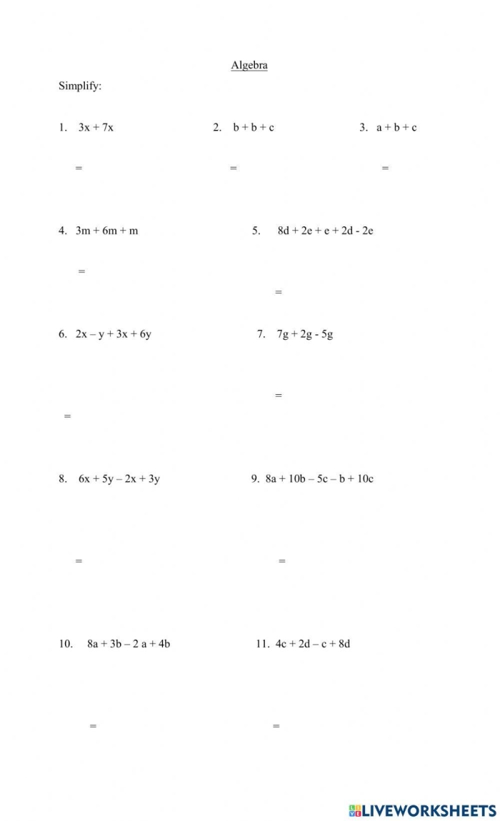Introduction to Algebraic Expressions Practice Worksheet for Grade 6 Mathematics Sixth grade student solving algebraic expressions with order of operations and combining like terms practice problems