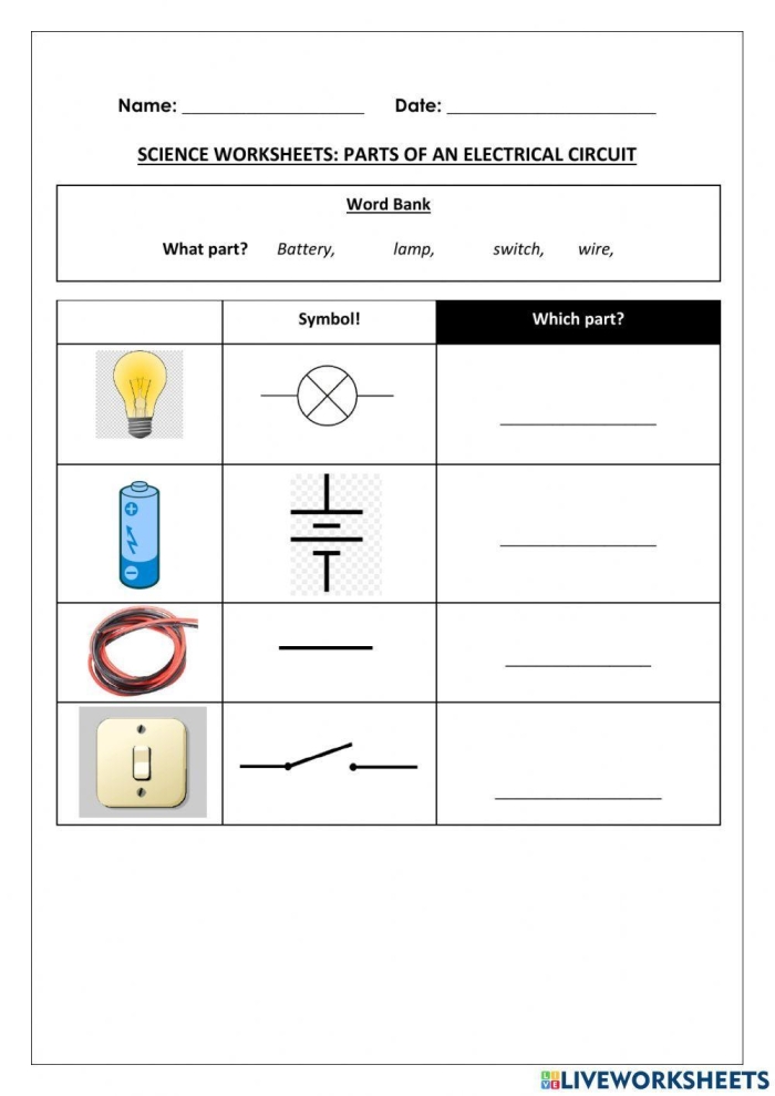 Worksheet image illustrating the concept of electrical circuits for phonics education All About Circuits worksheet for fourth graders learning about electricity