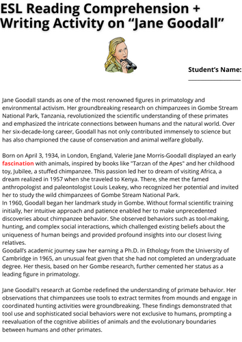 Printable worksheet featuring Jane Goodall for kindergarten reading activities