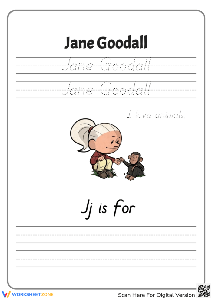 Jane Goodall Reader worksheet for kindergarten students, promoting early literacy and conservation awareness