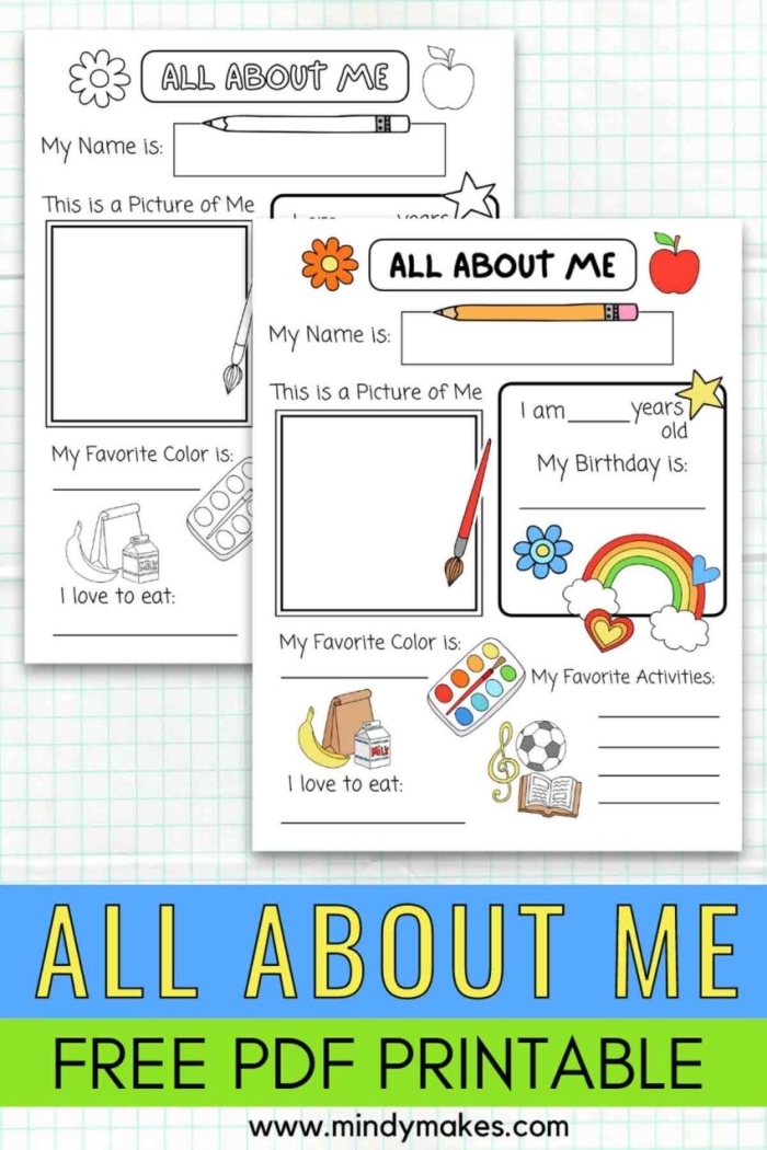 All About Me worksheet featuring a first grade math activity focused on identifying basic fractions