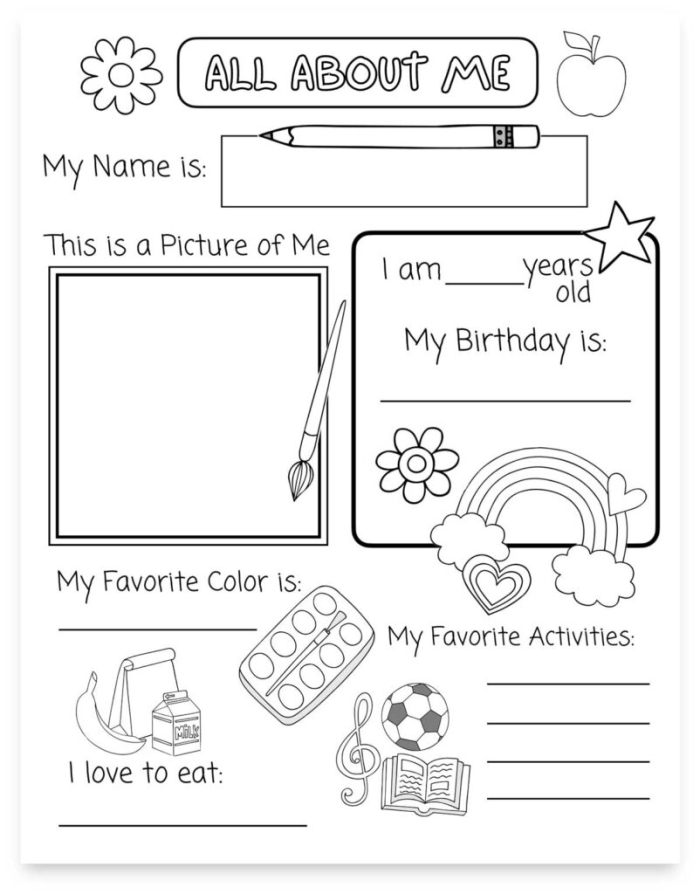 First grade student completing an All About Me worksheet with fraction activities to share personal information