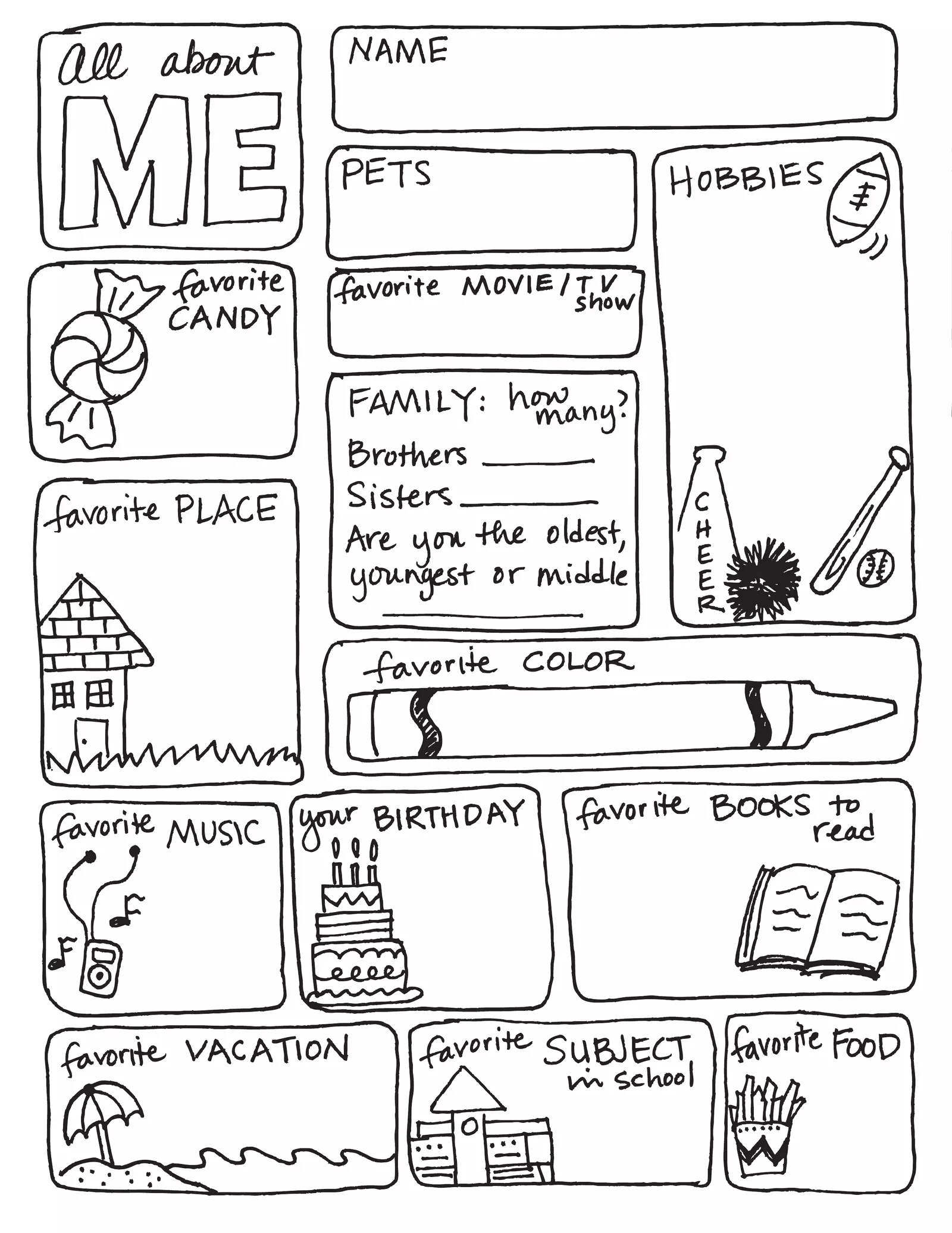 Pre-K All About Me Report Writing Worksheet 19 Colorful All About Me Report worksheet for Pre-K students with writing lines and illustrations