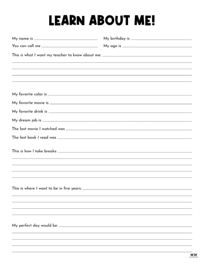 Pre-K All About Me writing worksheet with prompts for children to complete sentences about themselves Colorful All About Me Report worksheet with fill-in-the-blank lines for Pre-K students to practice handwriting and share personal information