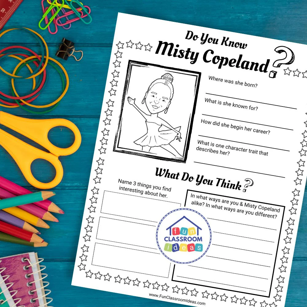 Illustration of the All About Misty Copeland Reader worksheet for Pre-K students
