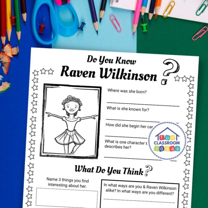 A colorful worksheet featuring Misty Copeland, designed for Pre-K readers to learn about her achievements. All About Misty Copeland Reader worksheet for early literacy and history education.