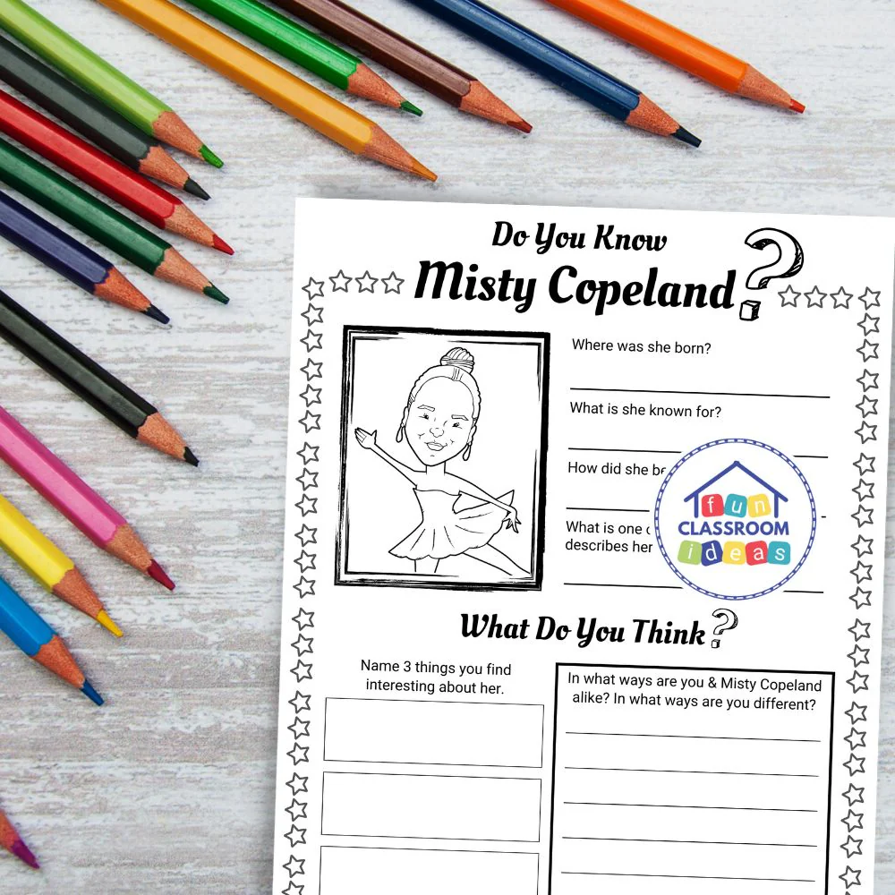 Worksheet featuring early readers learning about Misty Copeland's achievements in ballet